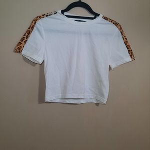 SHEIN: White Crop Top with Leopard Print Accent | Size Small